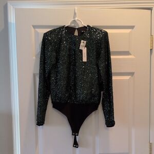 Sequin Long Sleeve Bodysuit - Dark Green - Express XS